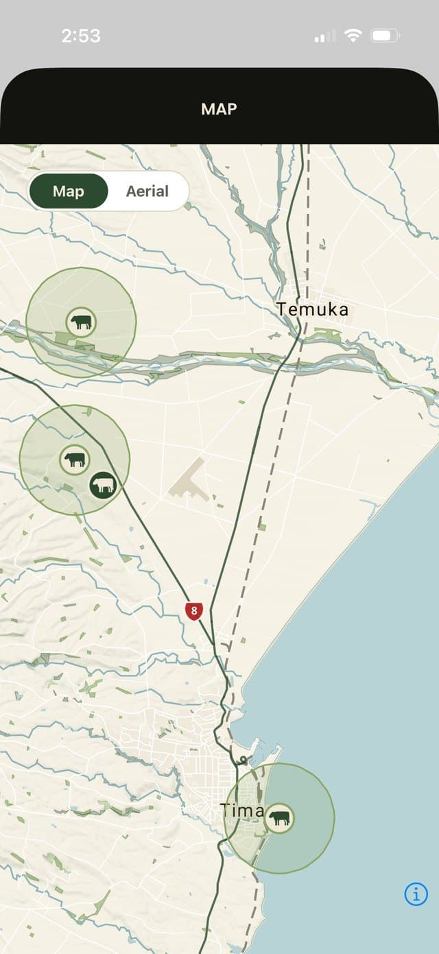 The Paddock app’s map view, showing listings around Timaru and Temuka